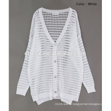 woman thin button closure open stitch cardigan